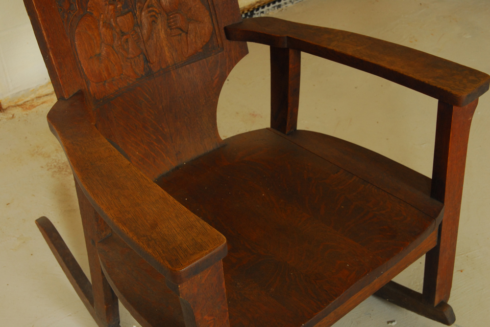 Vintage Oak Rocking Chair with Carved Back