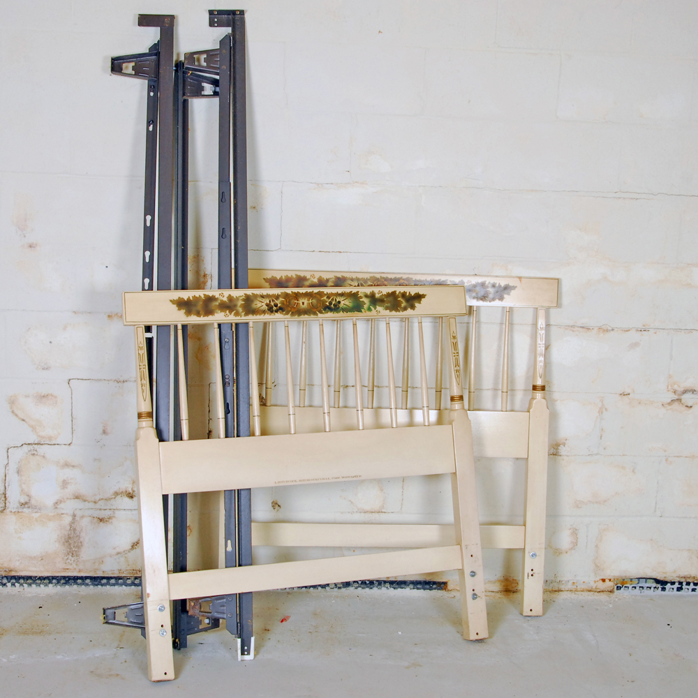 Pair of Vintage Twin Stenciled Headboards and Metal Frames