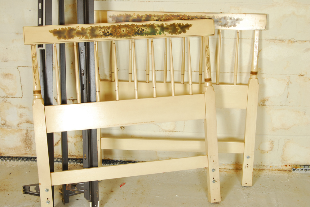 Pair of Vintage Twin Stenciled Headboards and Metal Frames