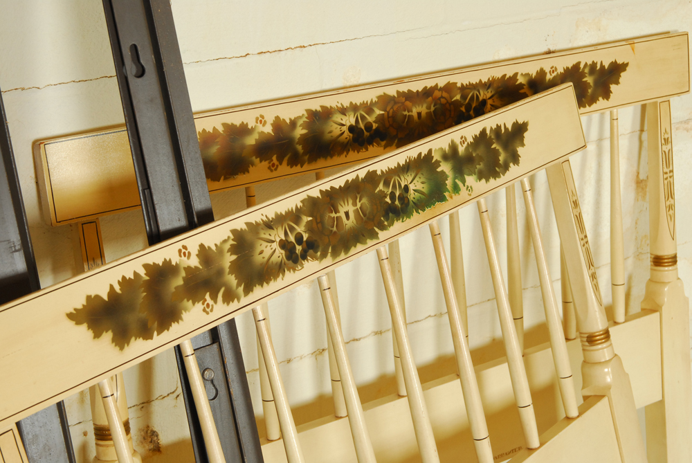 Pair of Vintage Twin Stenciled Headboards and Metal Frames