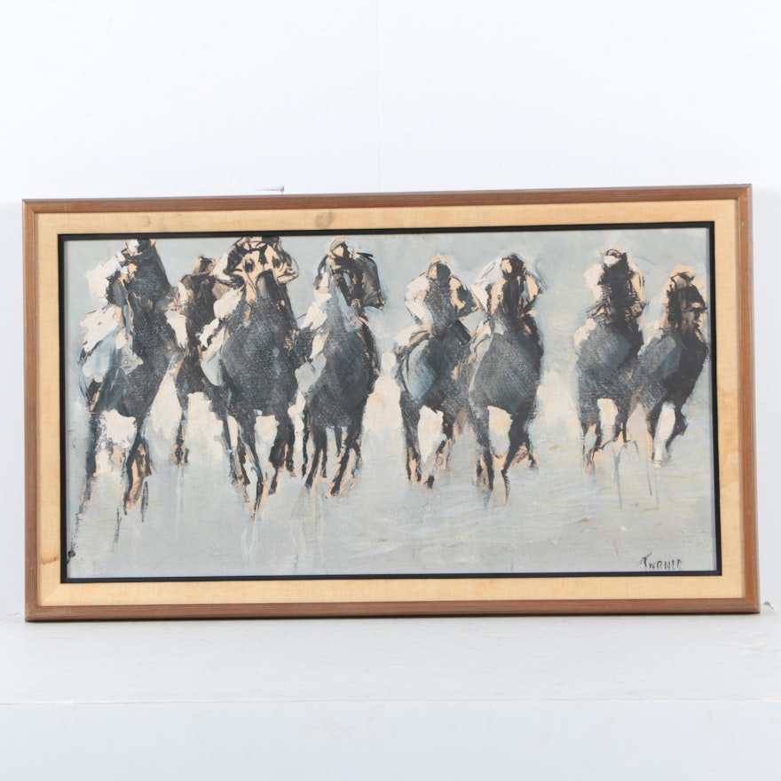 Turner Oil Painting of Racehorses on Canvas Board