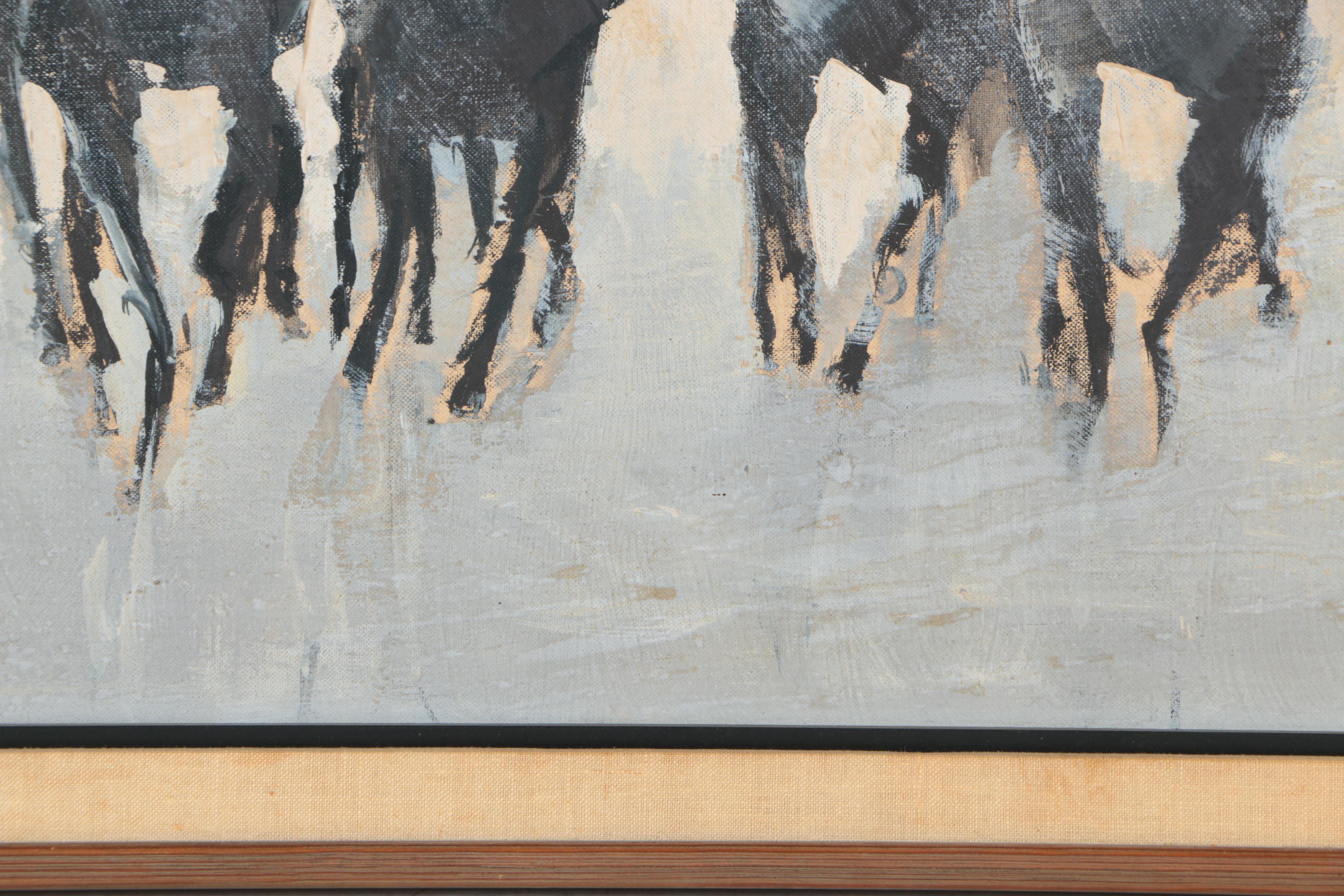 Turner Oil Painting of Racehorses on Canvas Board