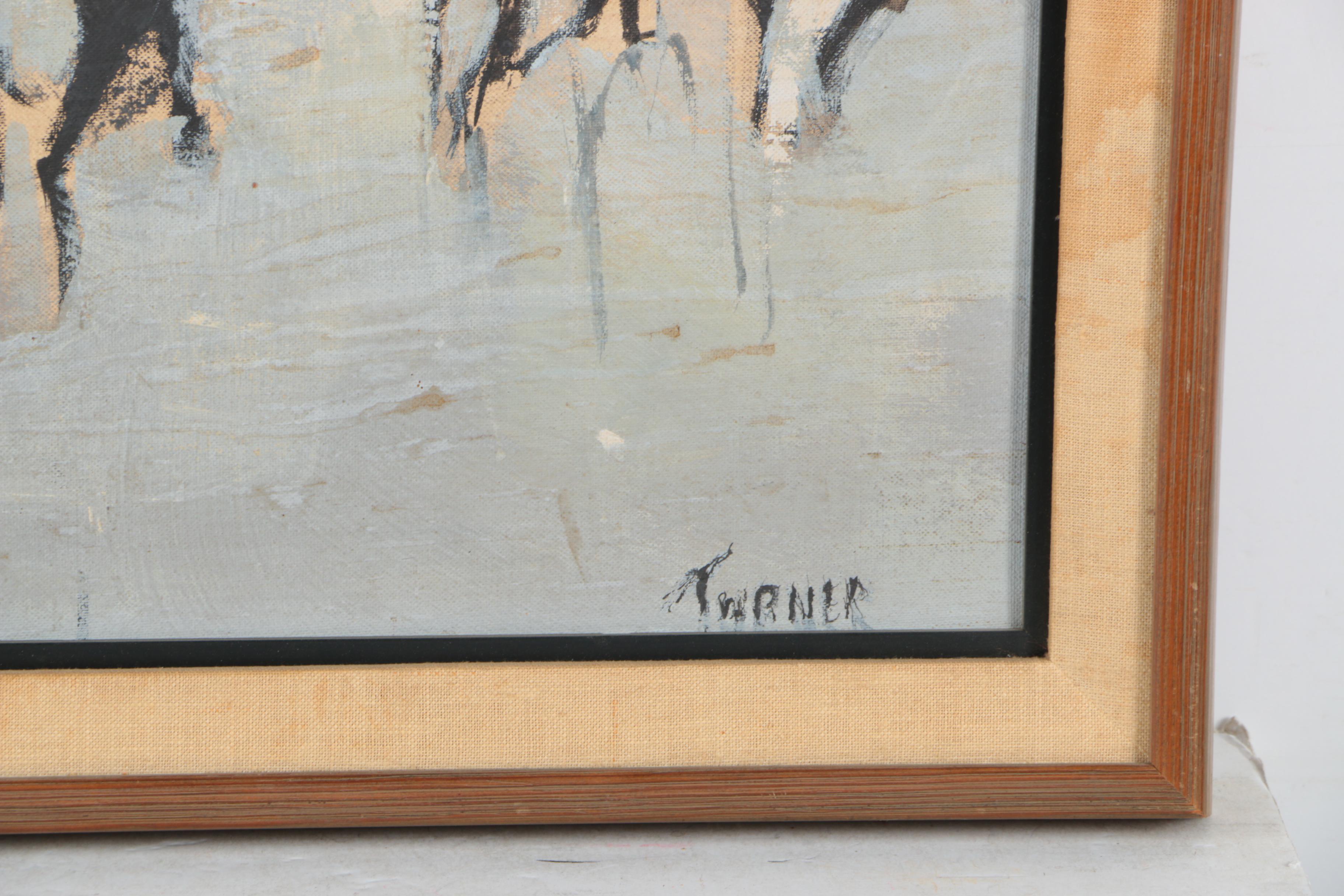 Turner Oil Painting of Racehorses on Canvas Board