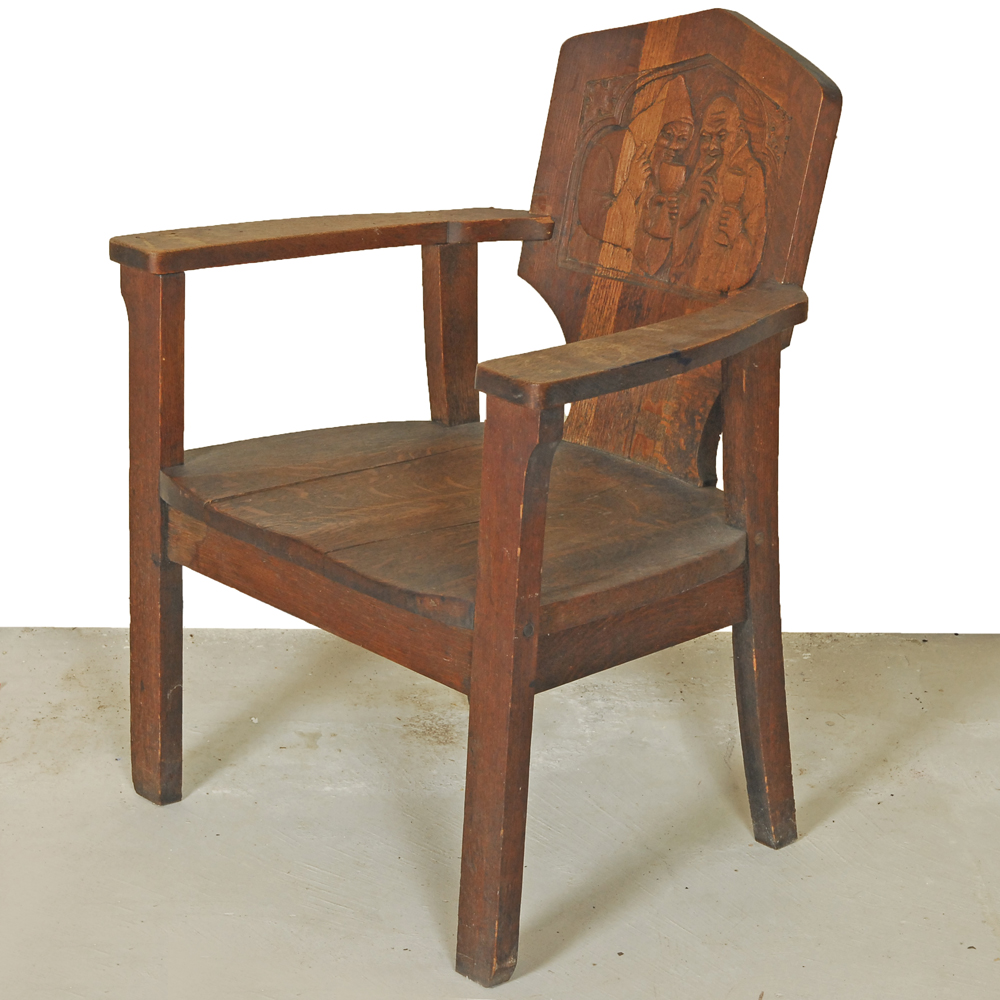 Vintage Oak Armchair with Carved Back