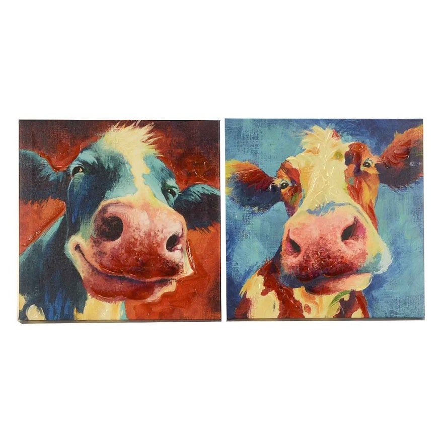 Pair of Acrylic-Accented Giclees of Cows