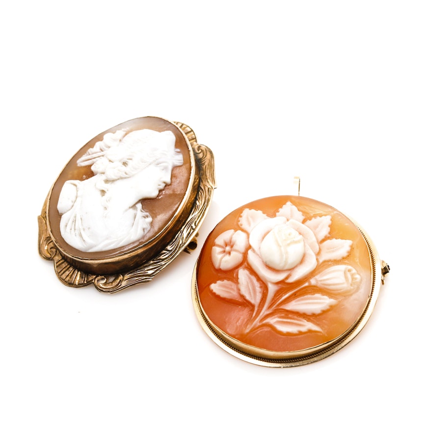 14K and 10K Yellow Gold Carved Shell Cameo Brooches