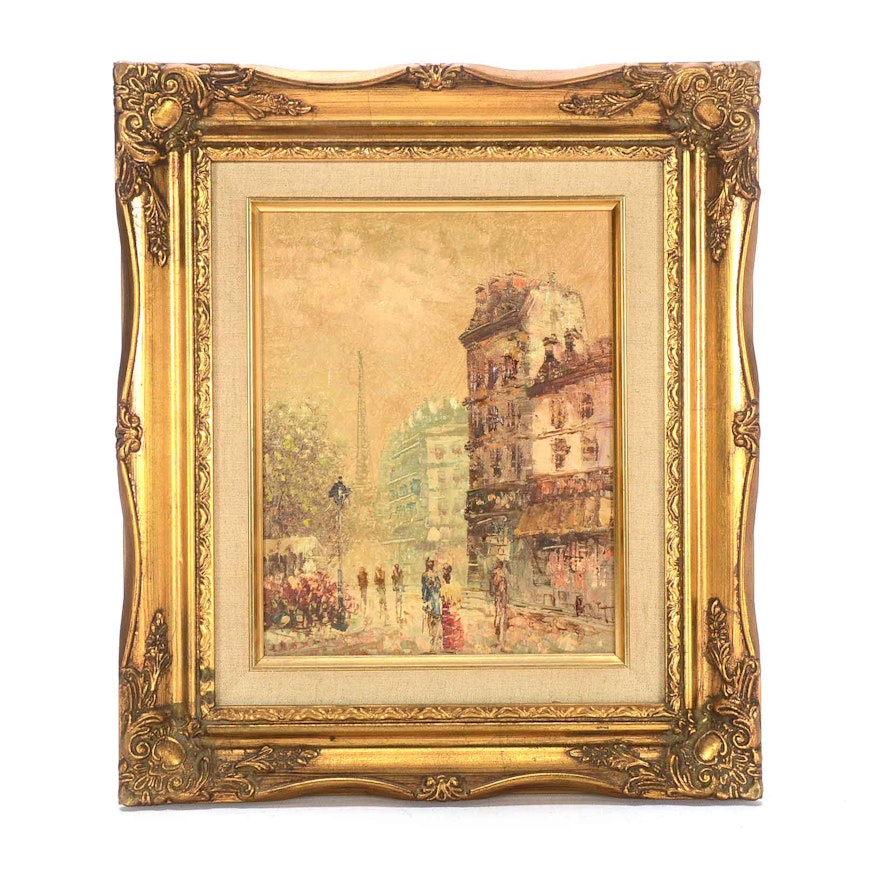 Oil Painting of a Parisian Street Scene with Eiffel Tower