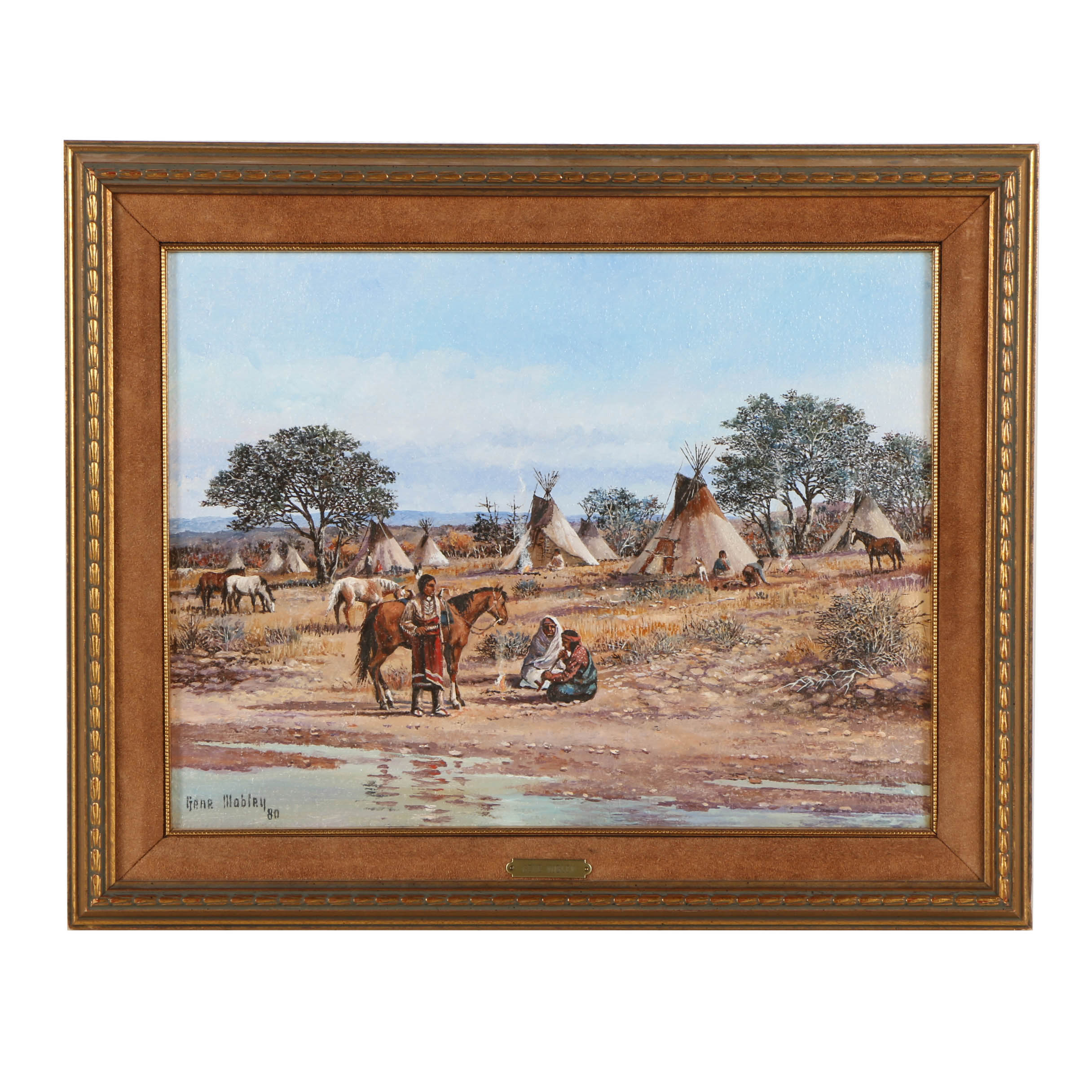 Gene Mobley Oil Painting on Burlap "Indians on Horses, Teepees"