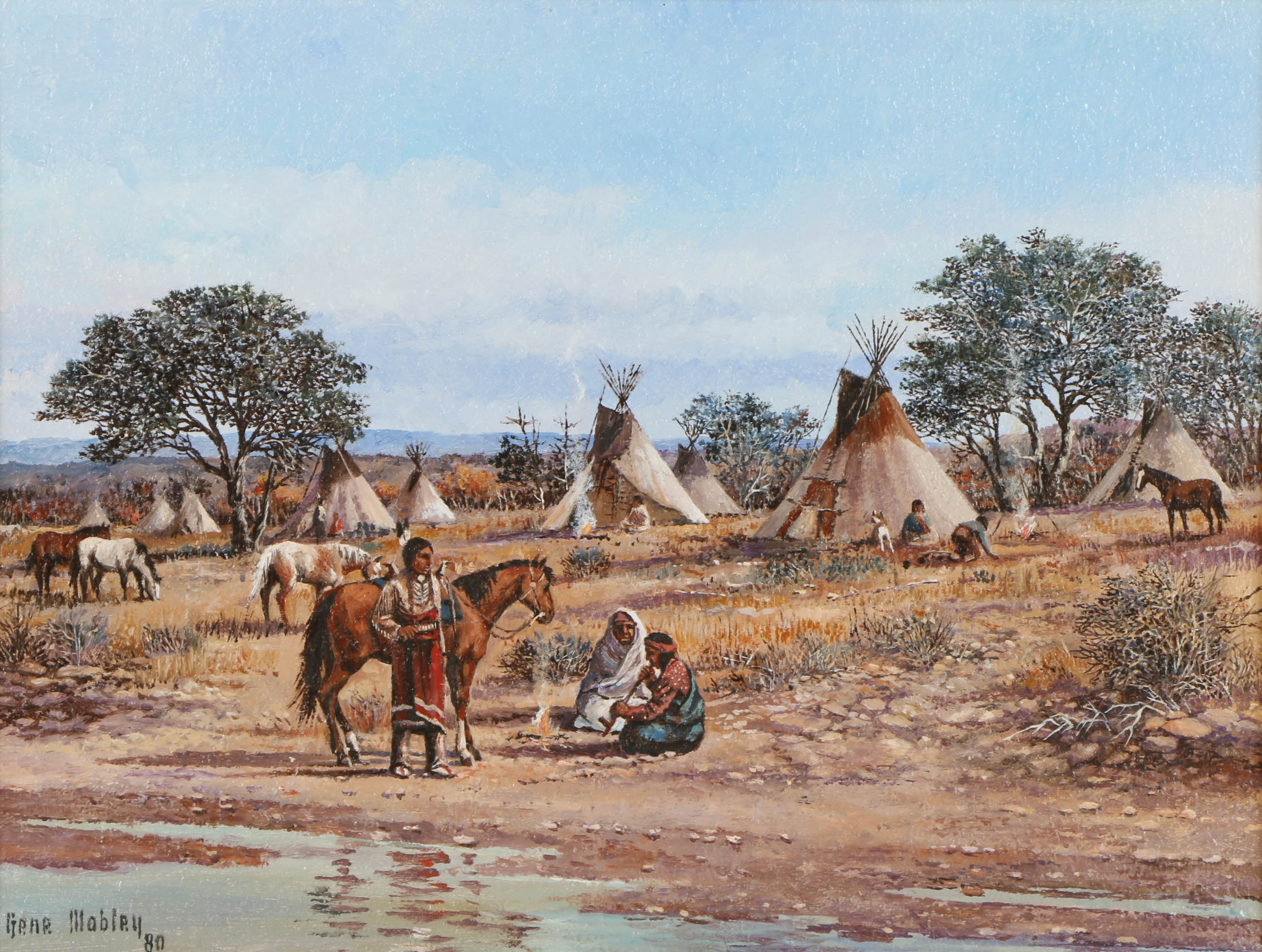 Gene Mobley Oil Painting on Burlap "Indians on Horses, Teepees"