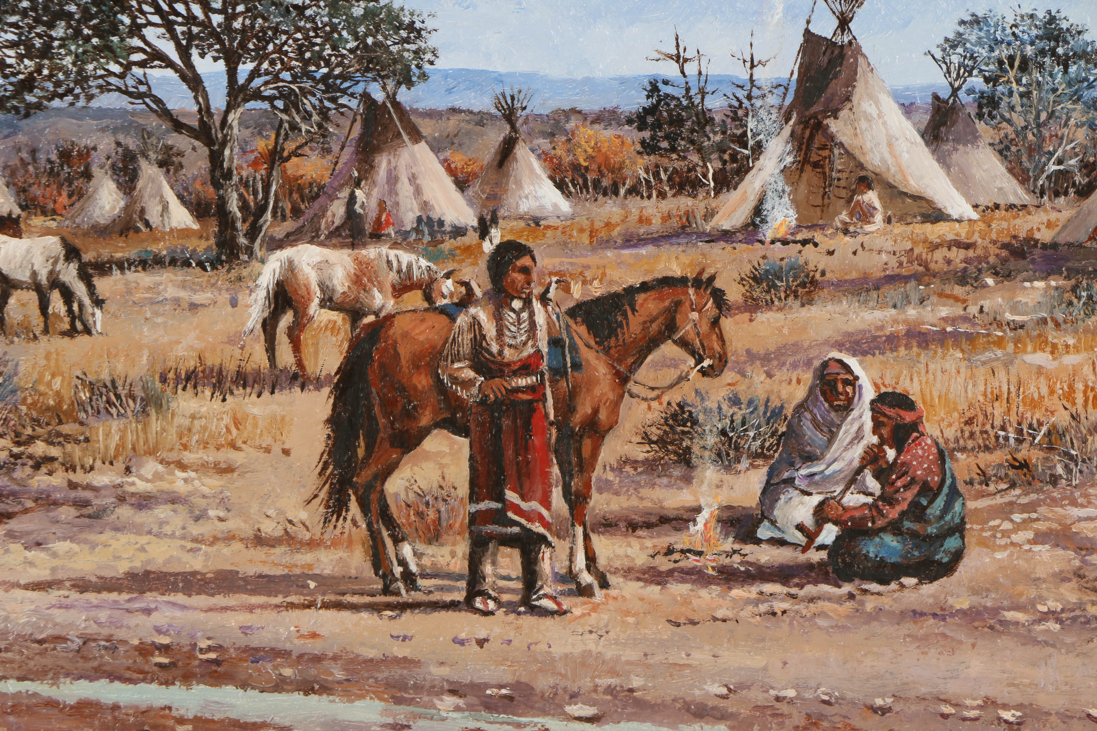 Gene Mobley Oil Painting on Burlap "Indians on Horses, Teepees"
