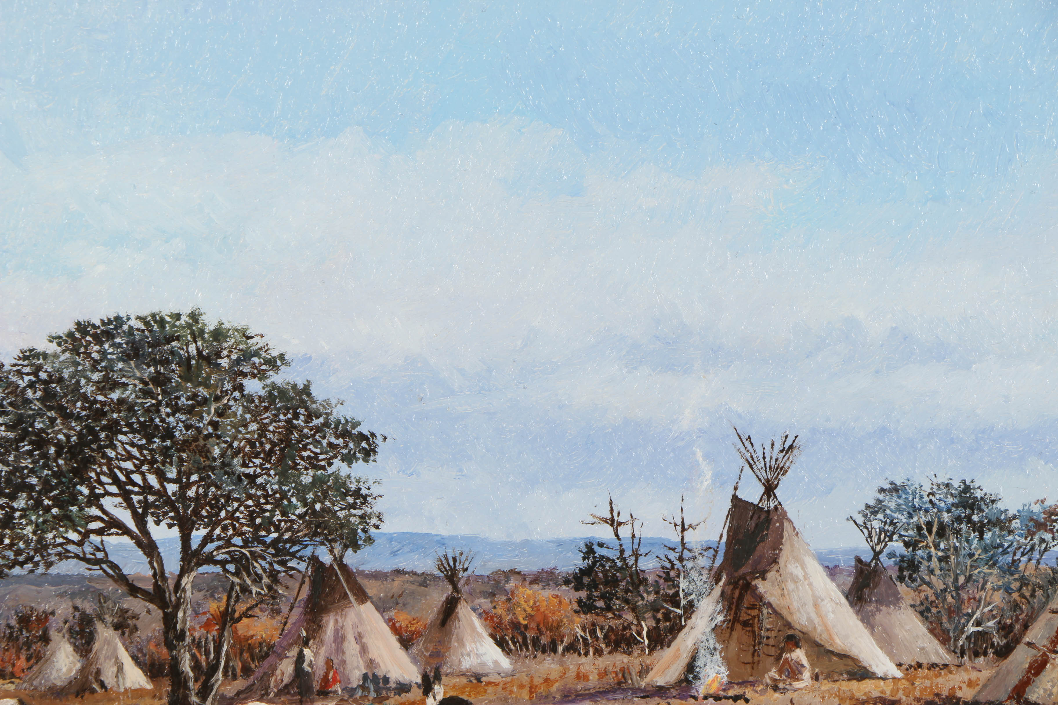 Gene Mobley Oil Painting on Burlap "Indians on Horses, Teepees"