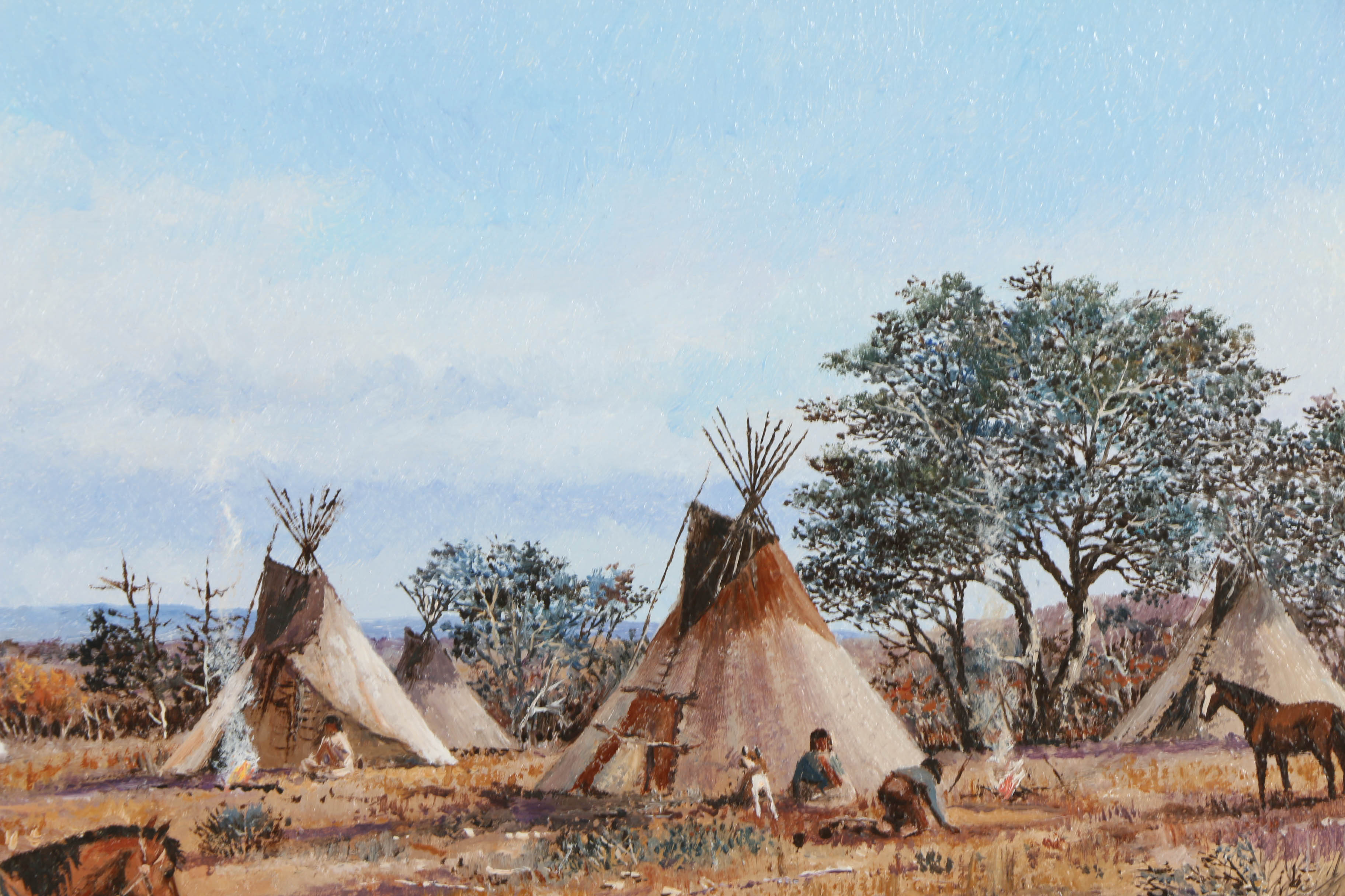 Gene Mobley Oil Painting on Burlap "Indians on Horses, Teepees"