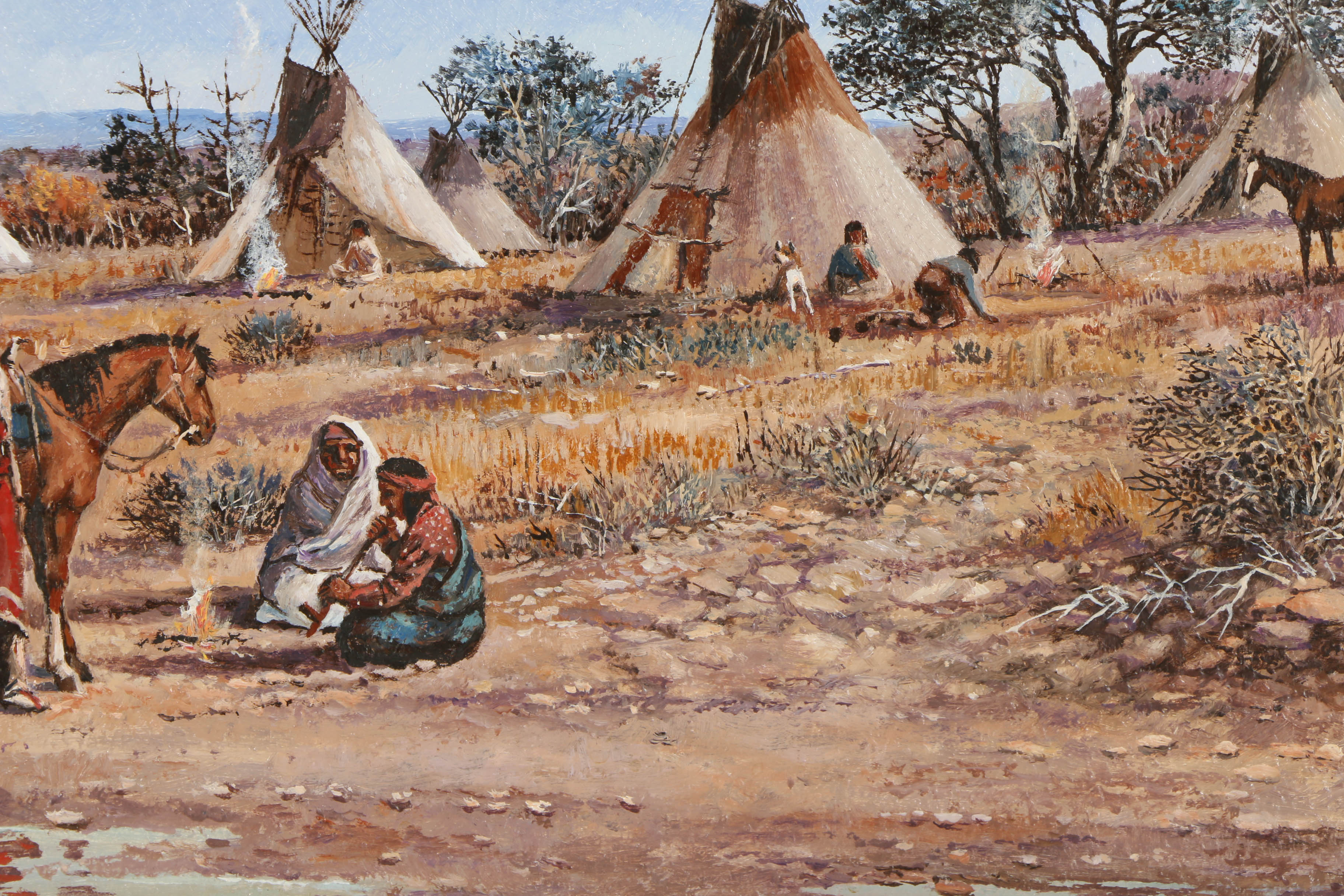 Gene Mobley Oil Painting on Burlap "Indians on Horses, Teepees"