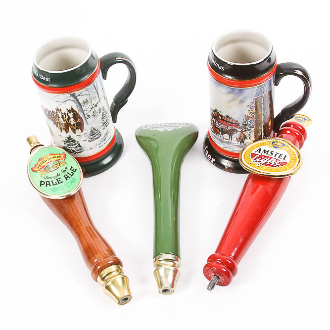 Budweiser Christmas Steins and Three Beer Tap Pulls