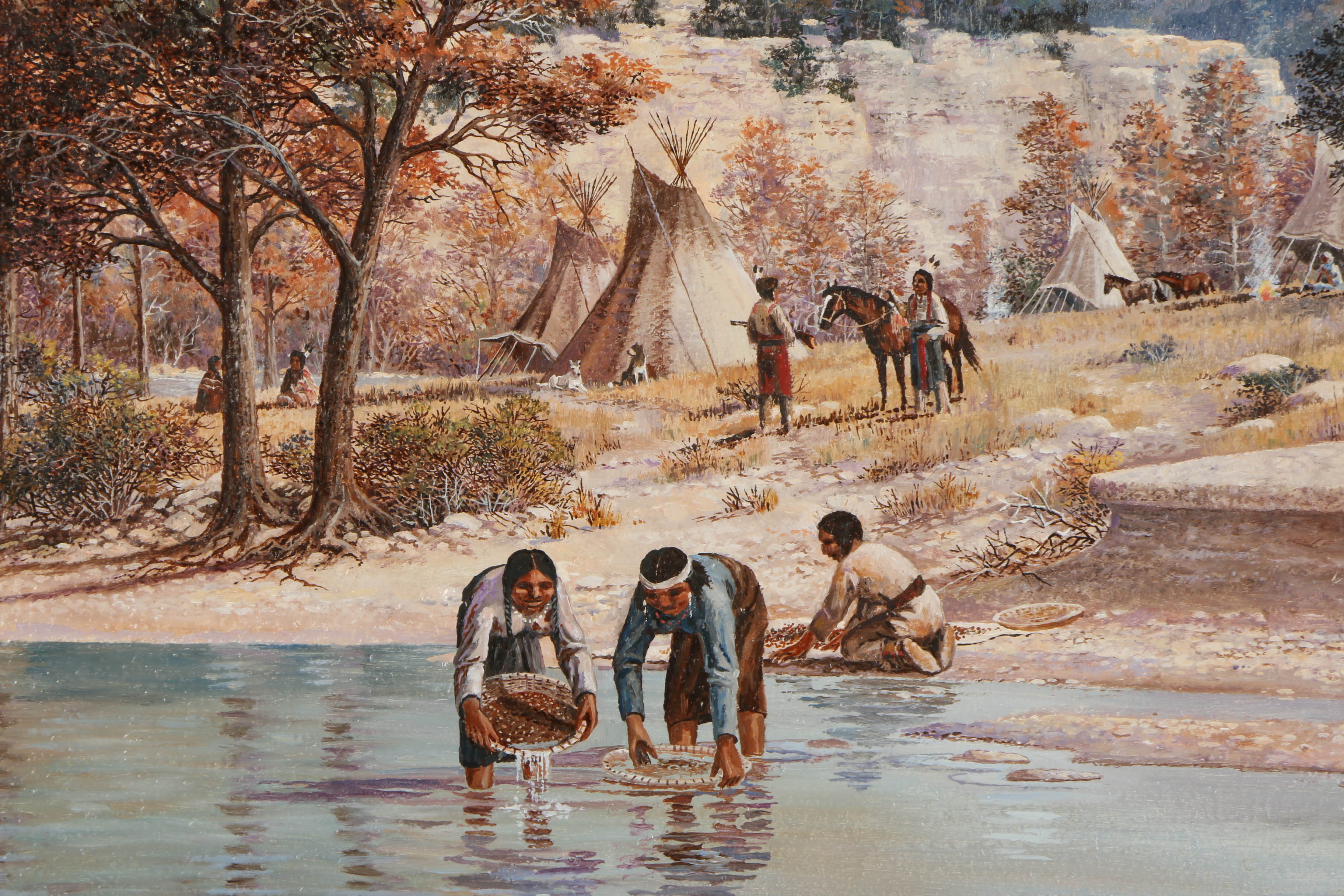Gene Mobley Oil Painting on Burlap "Indian Village Women in Stream"