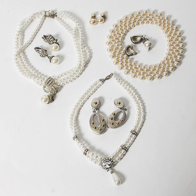 Collection of Vintage Faux Pearl and Silver Tone Costume Jewelry