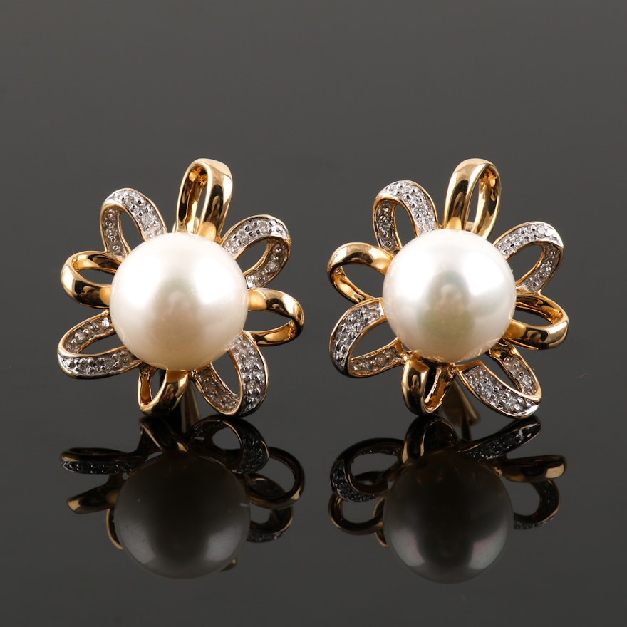 14K Yellow Gold Cultured South Sea Pearl and Diamond Drop Earrings