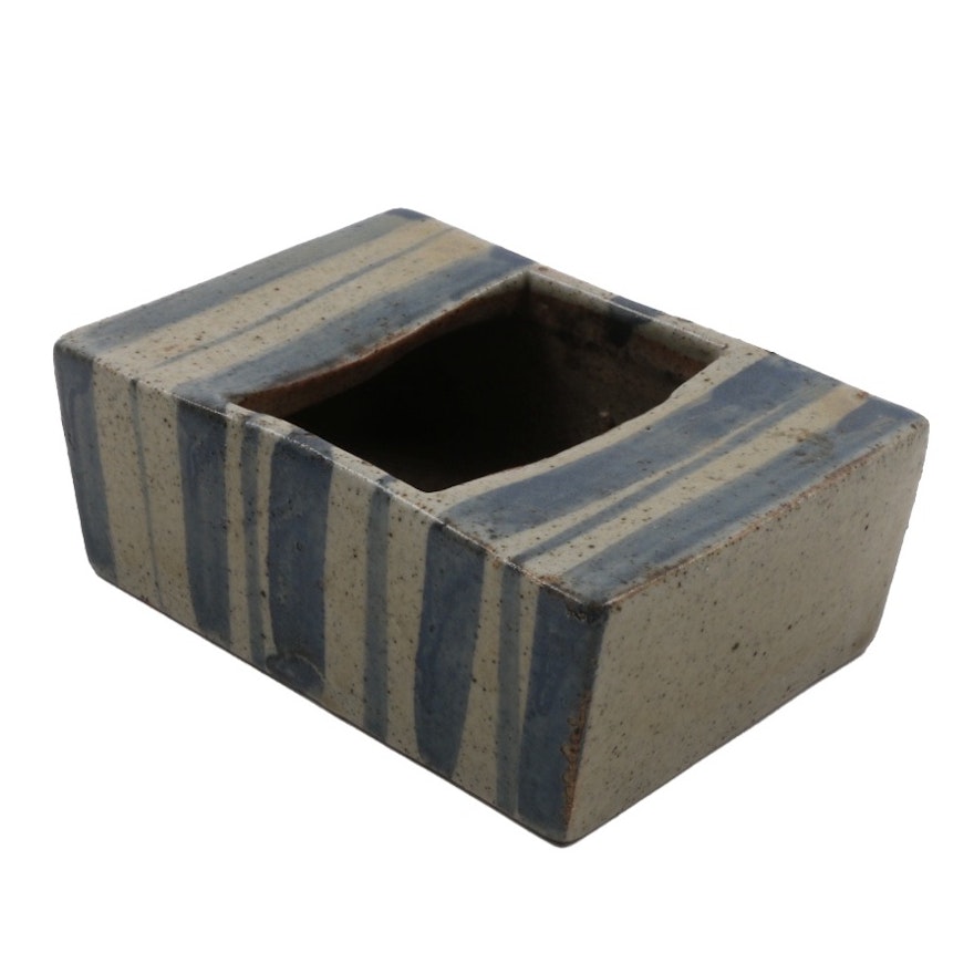 Rectangular Stoneware Box with Blue Stripped Glaze