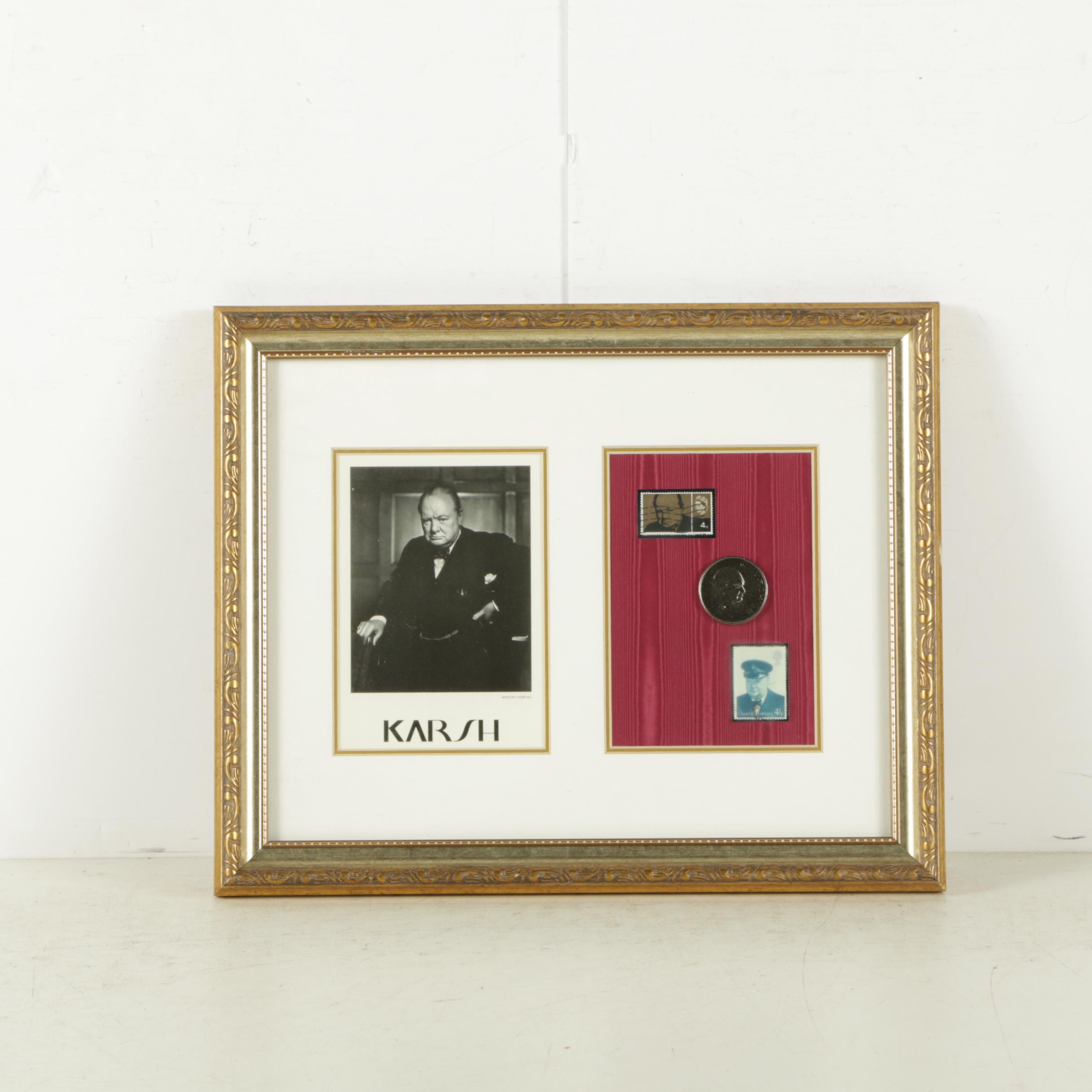 Winston Churchill Memorabilia In Wooden Frame
