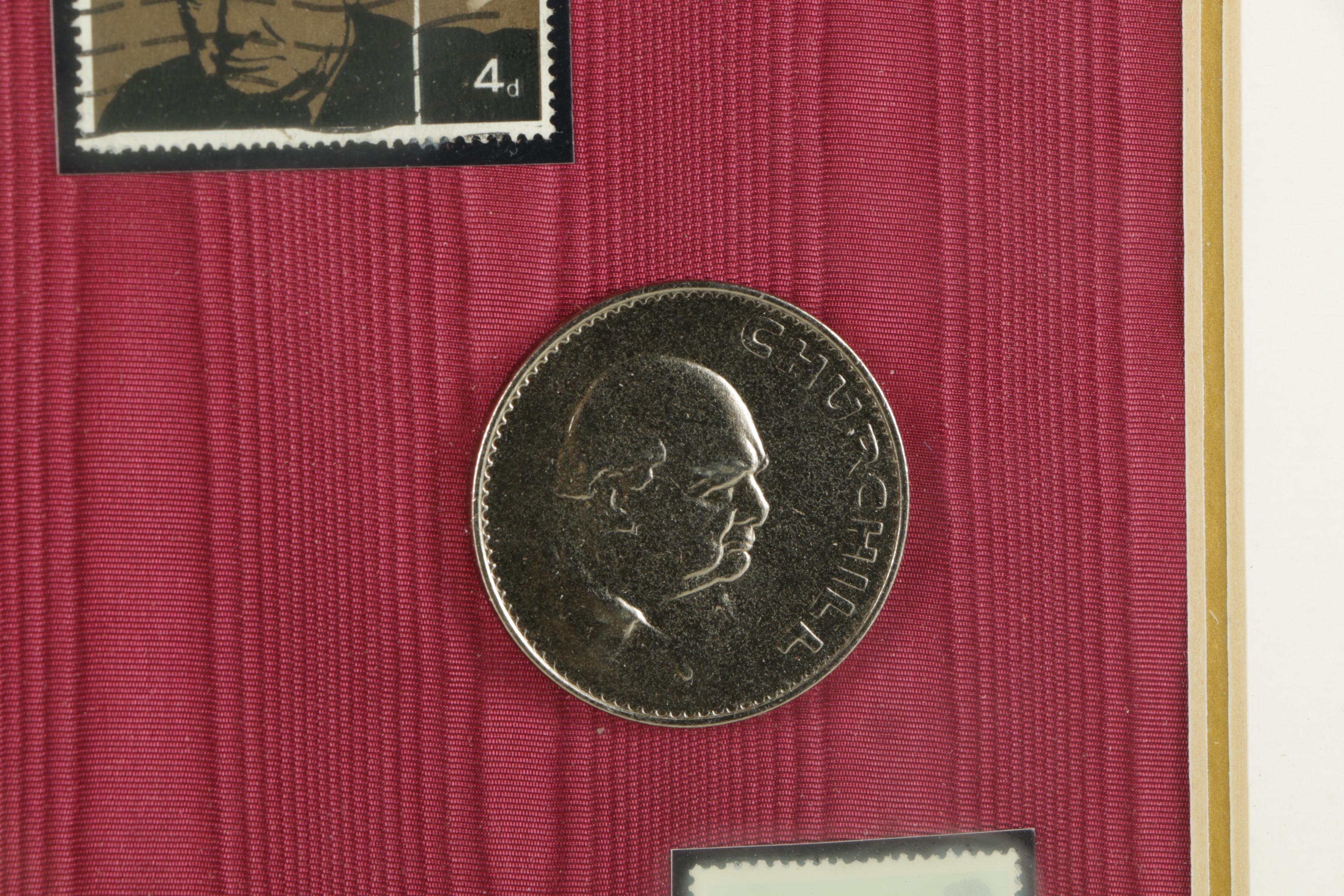 Winston Churchill Memorabilia In Wooden Frame