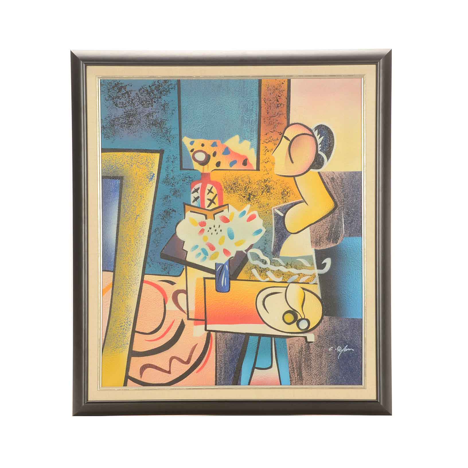 C. Ryan Original Mixed Media Cubist Still Life Painting