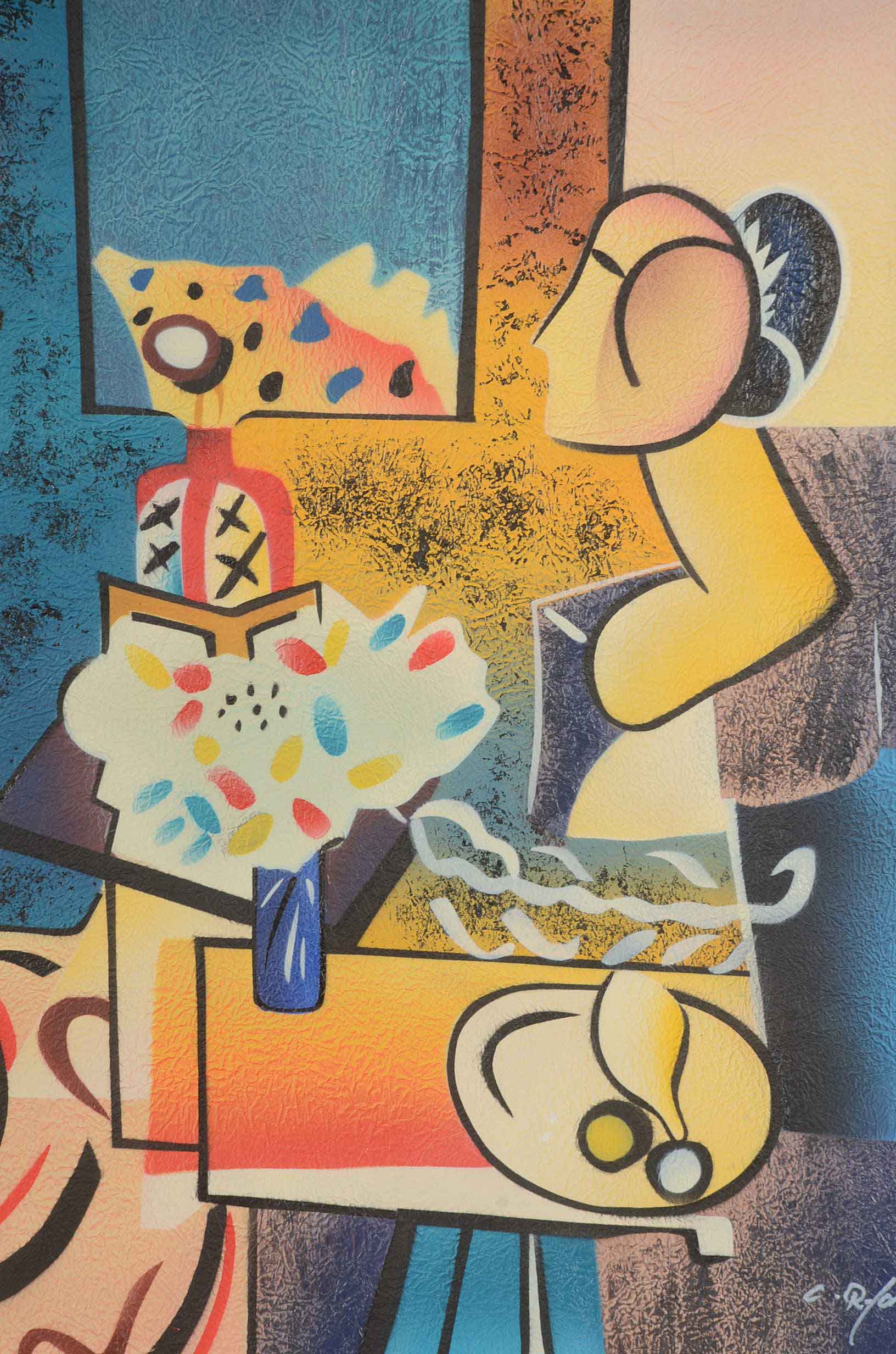 C. Ryan Original Mixed Media Cubist Still Life Painting