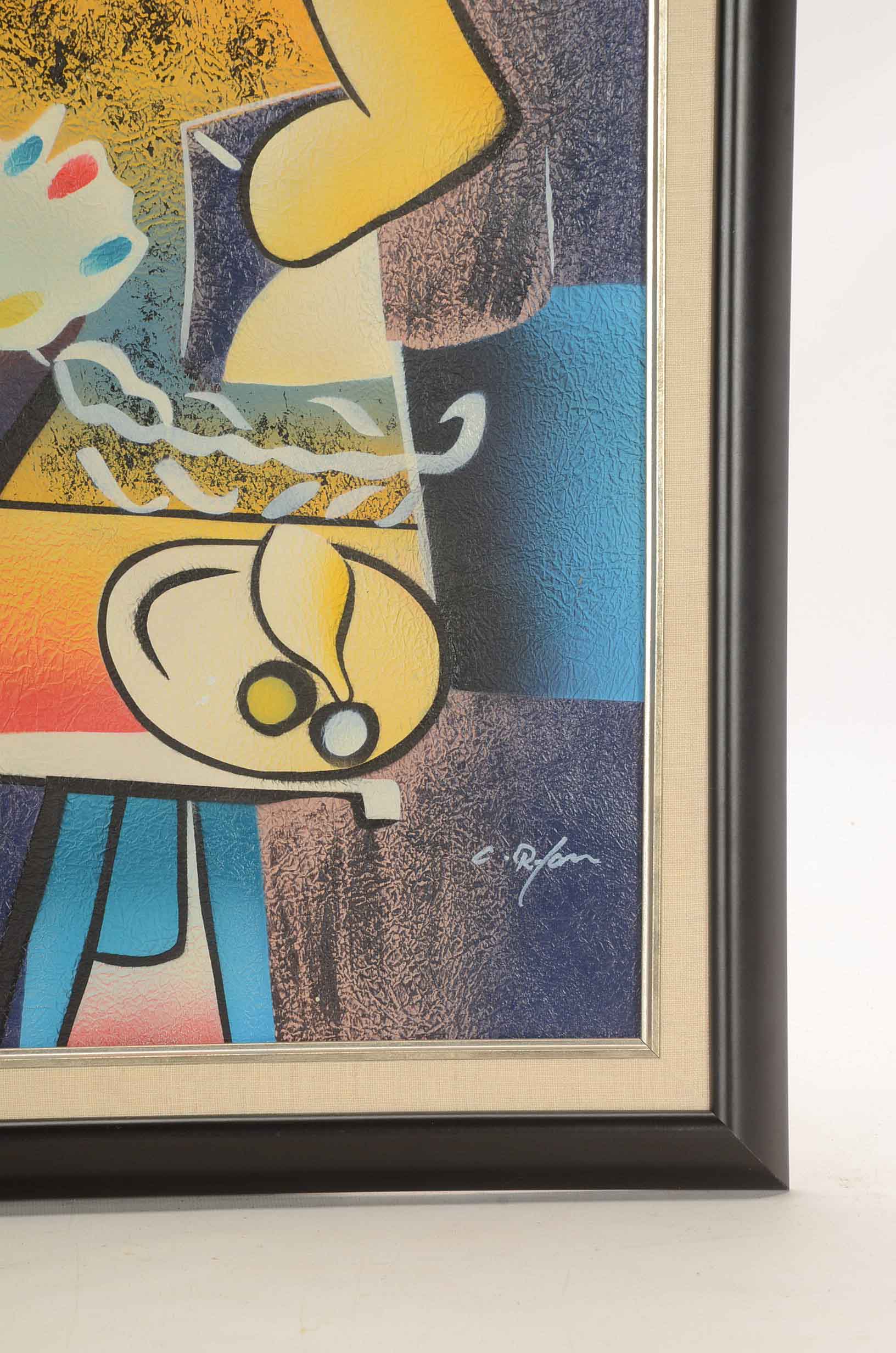 C. Ryan Original Mixed Media Cubist Still Life Painting