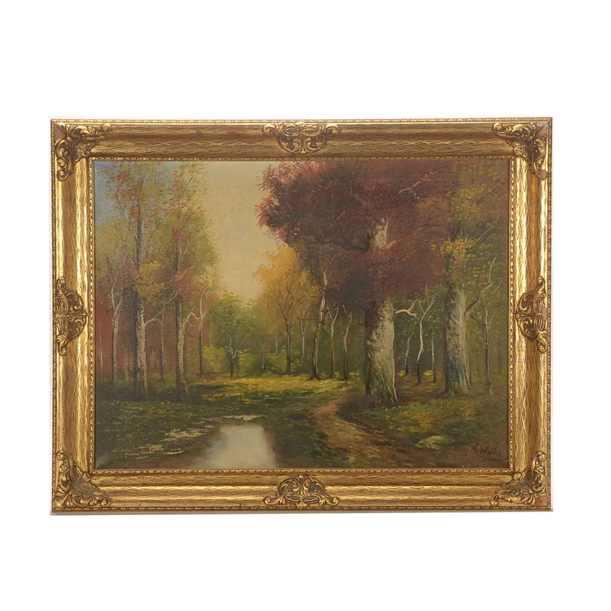 A. Wilke Original Vintage Oil on Canvas Landscape Painting