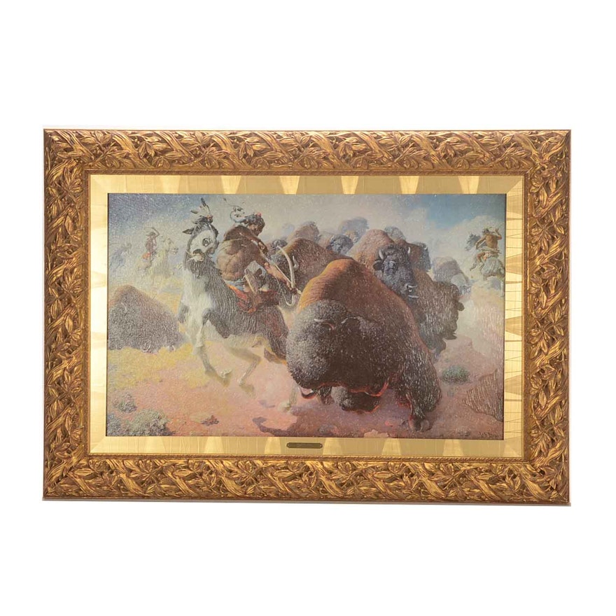 Offset Lithograph on Board after William Robinson Leigh's "Buffalo Hunt"