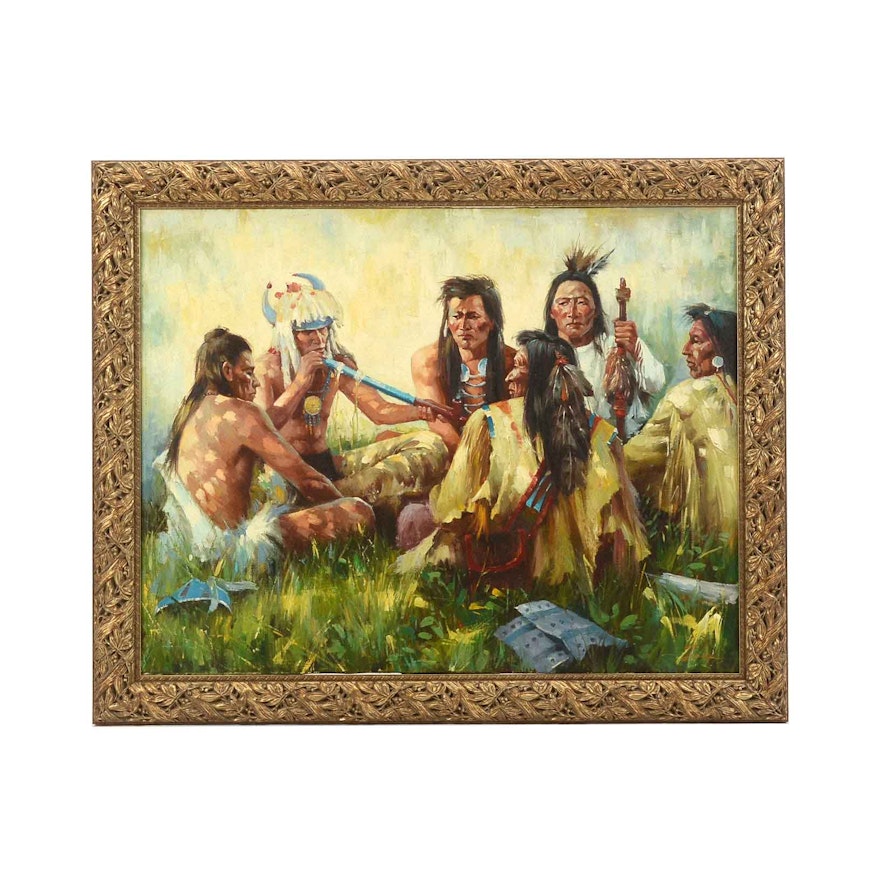 Signed Oil Painting on Canvas of Native American Pipe Ceremony