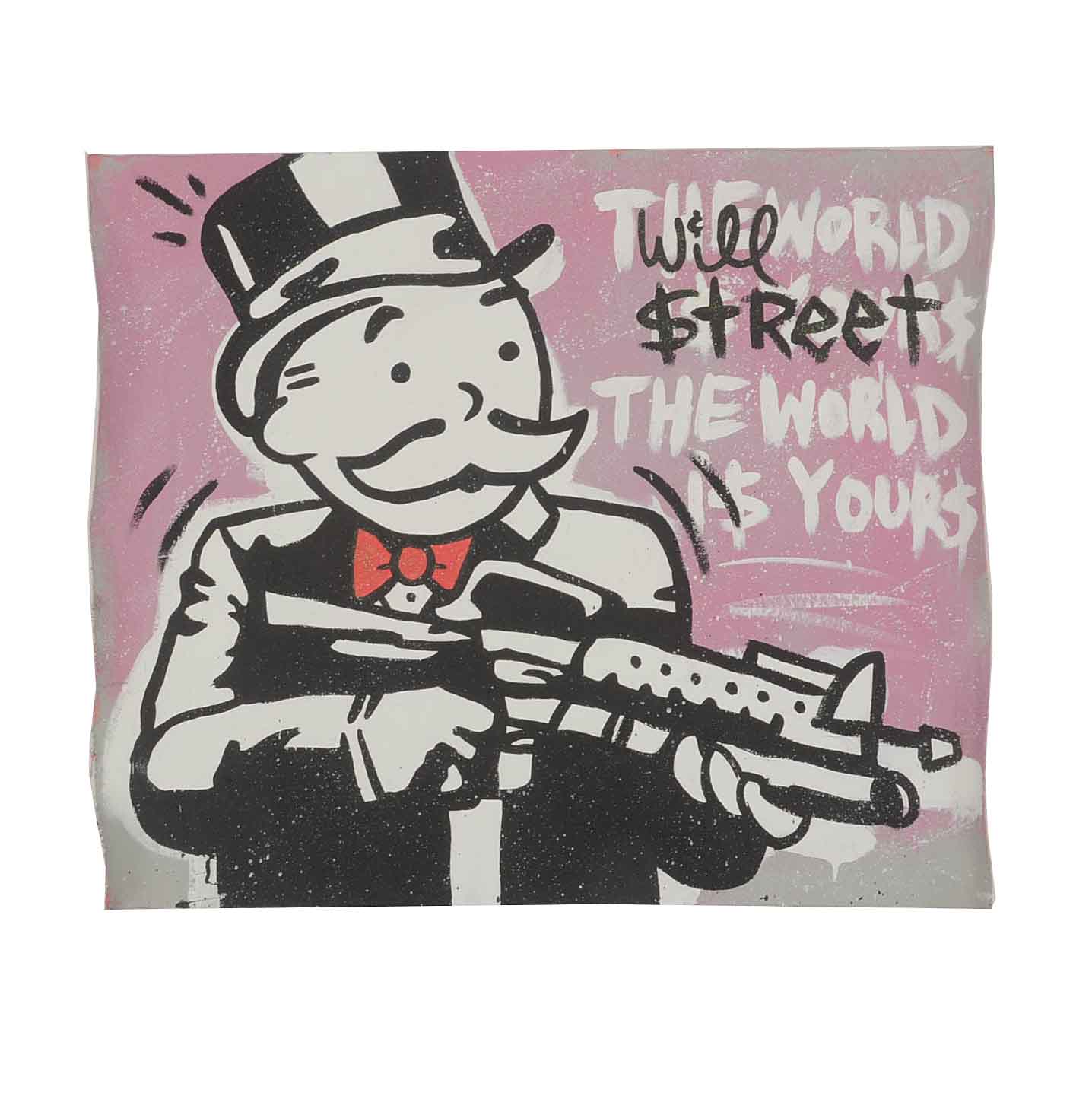 Will $treet Signed Acrylic Painting Monopoly Man with Gun