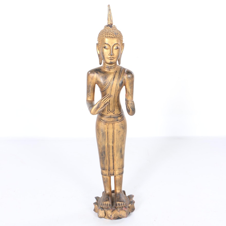 Carved Wooden Standing Thai Buddha Statue