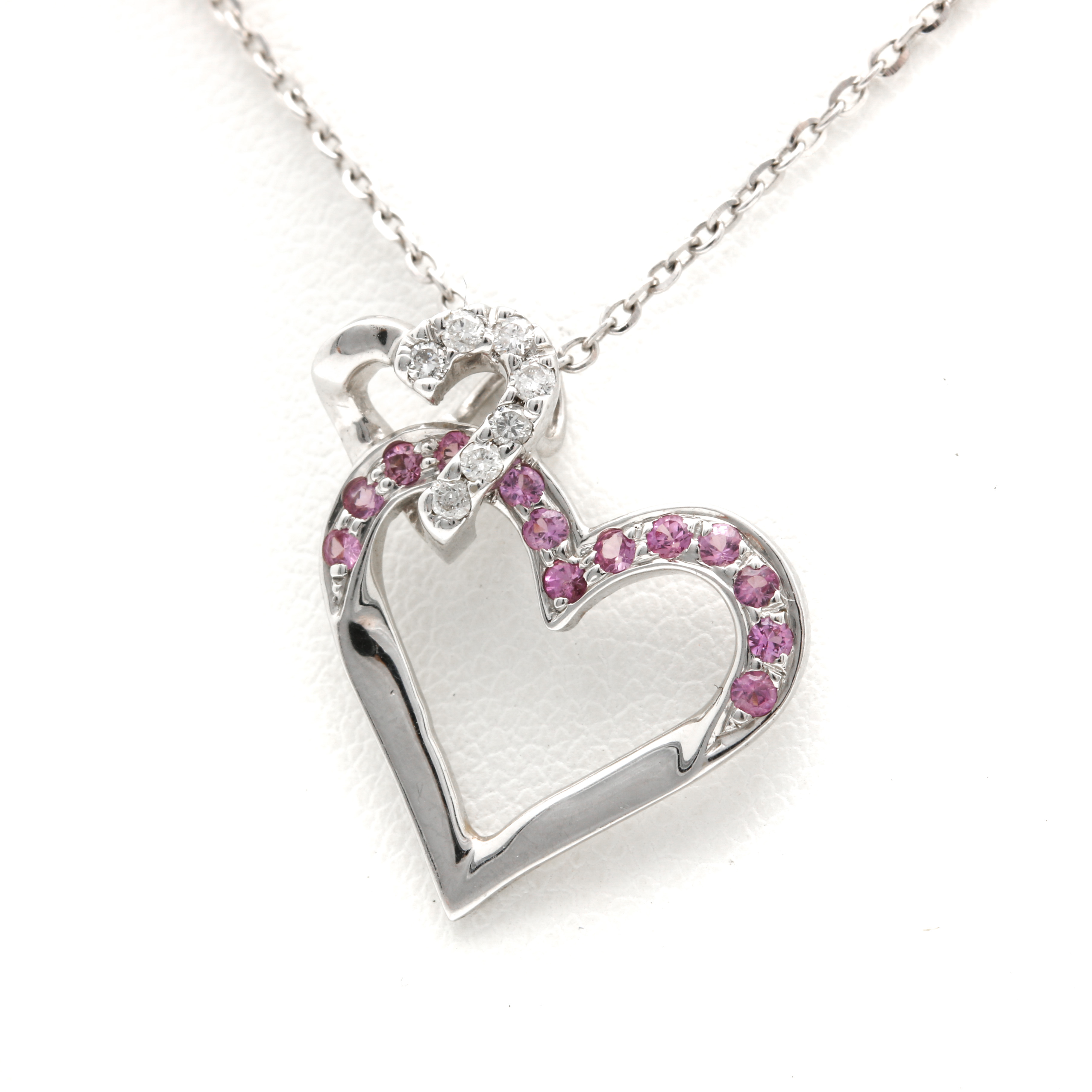 18K White Gold Diamond and Pink Sapphire Heart Necklace