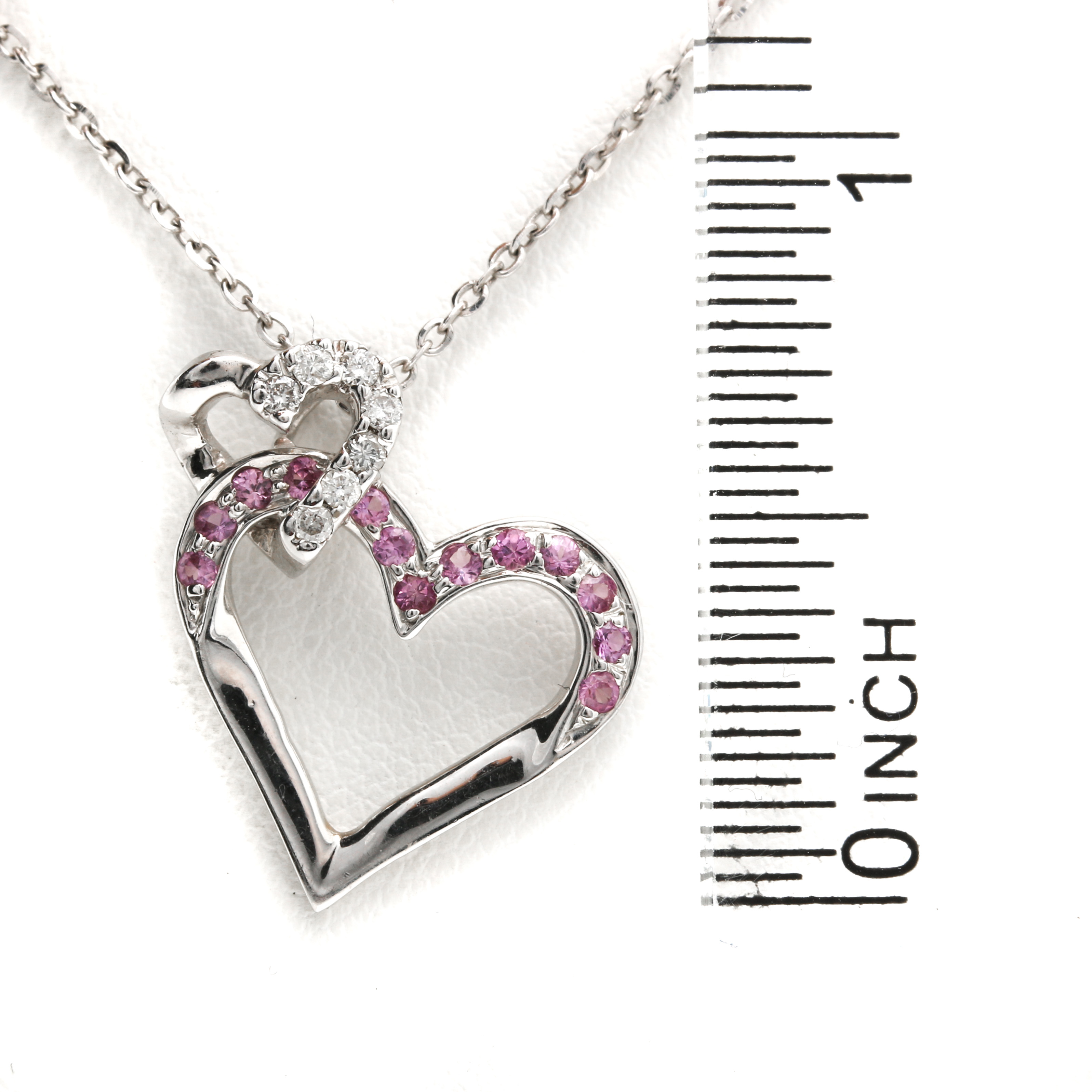 18K White Gold Diamond and Pink Sapphire Heart Necklace