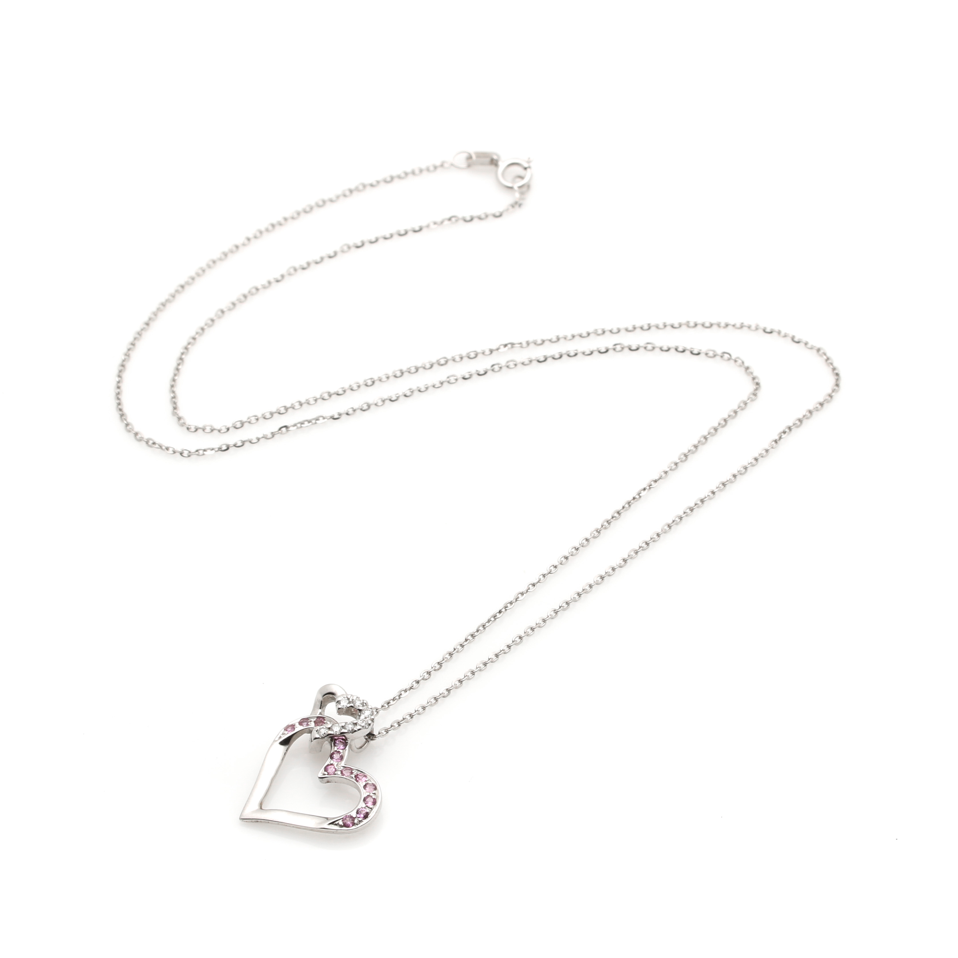18K White Gold Diamond and Pink Sapphire Heart Necklace