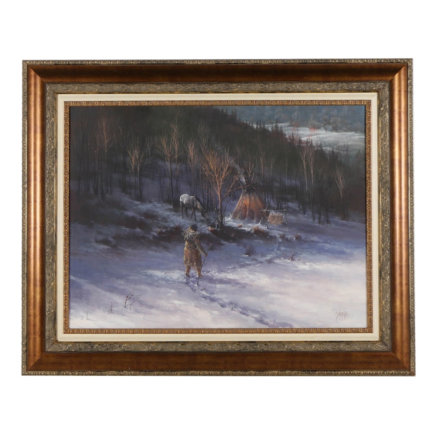 Joseph Yarnell Oil Painting on Canvas "Indian and Teepee by Forest"