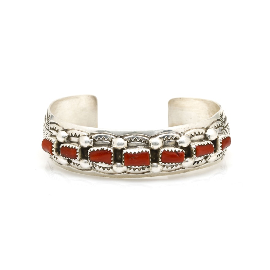 Wilbert Benally Navajo Sterling Silver and Branch Coral Cuff Bracelet