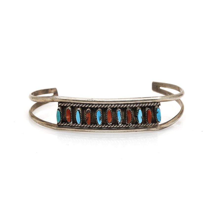 Signed Zuni Sterling Silver Needle Point Turquoise and Coral Cuff Bracelet