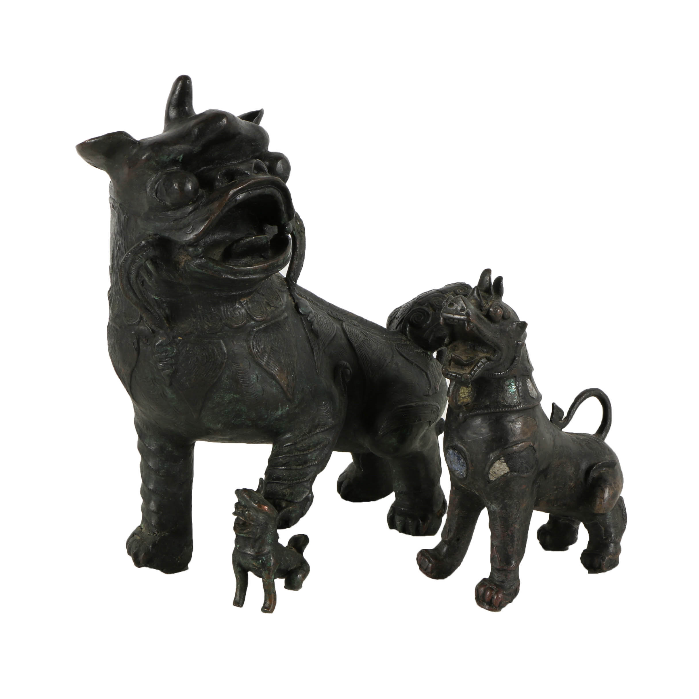 Vintage East Asian Leaded Copper Imperial Guardian Lion Sculptures