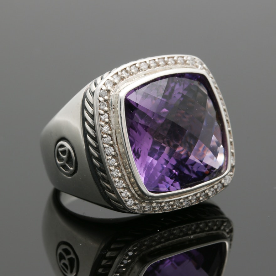 David Yurman "Albion" Collection Sterling Silver, Amethyst and Diamond Ring
