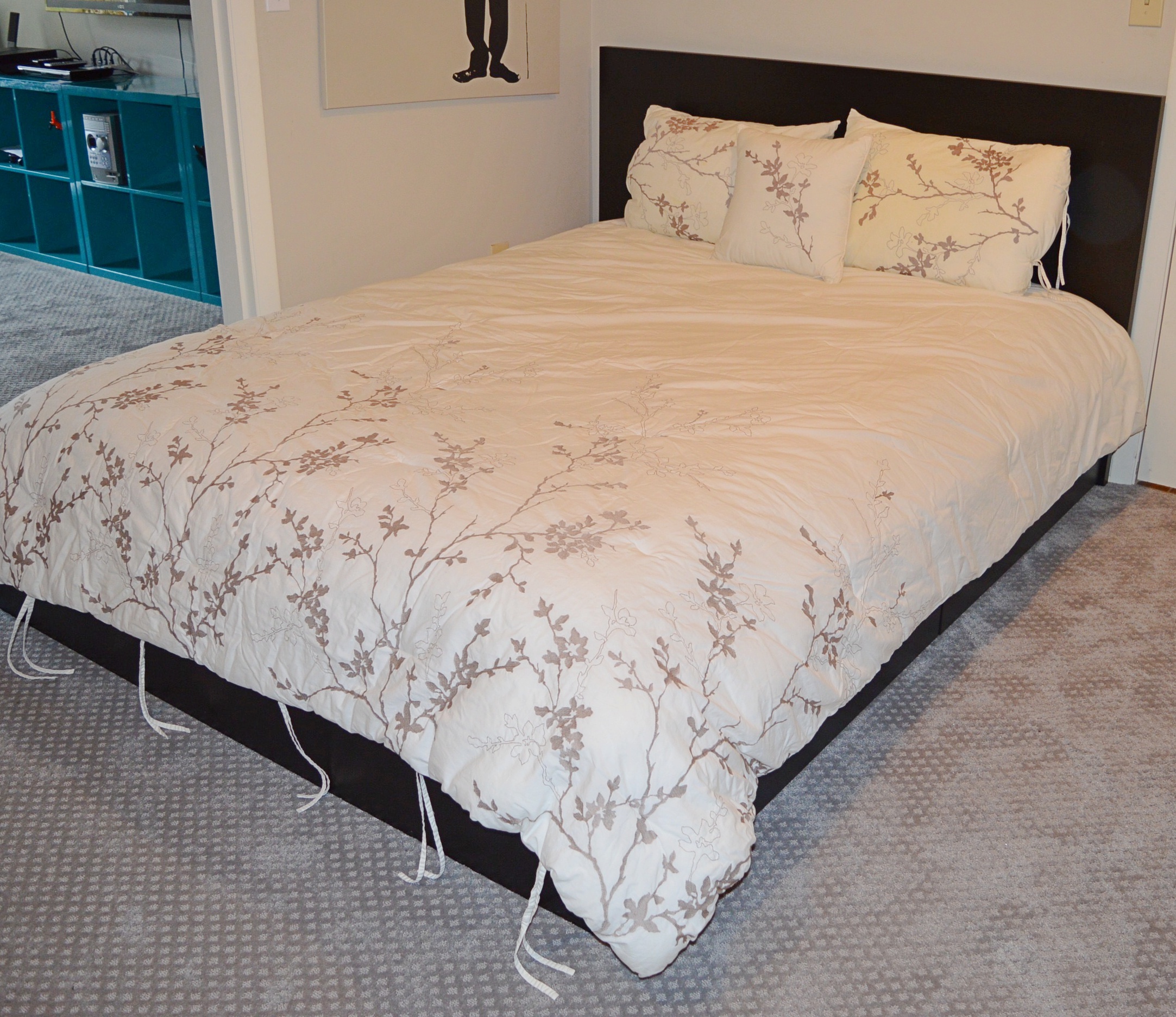 Ikea "Luroy" Queen Bed Frame with Storage and Bedding Ensemble