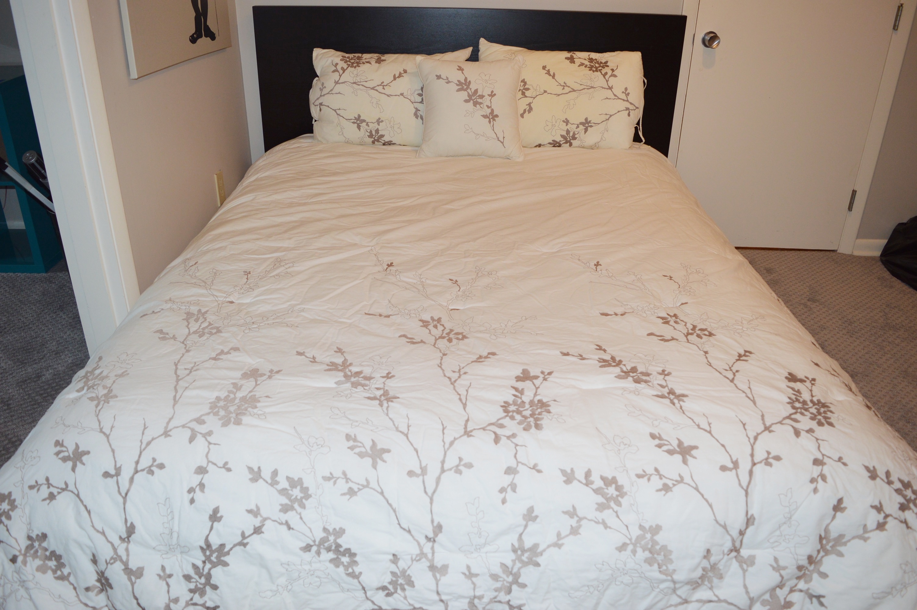 Ikea "Luroy" Queen Bed Frame with Storage and Bedding Ensemble