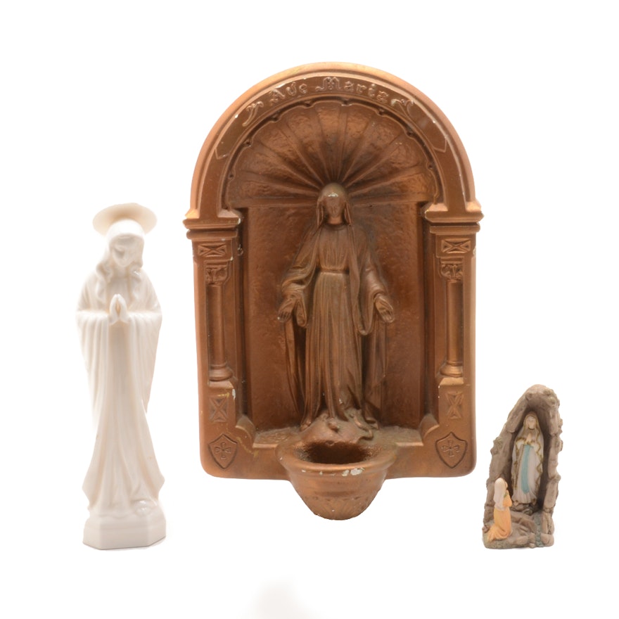 Collection of Madonnas Including Plaster Madonna Font