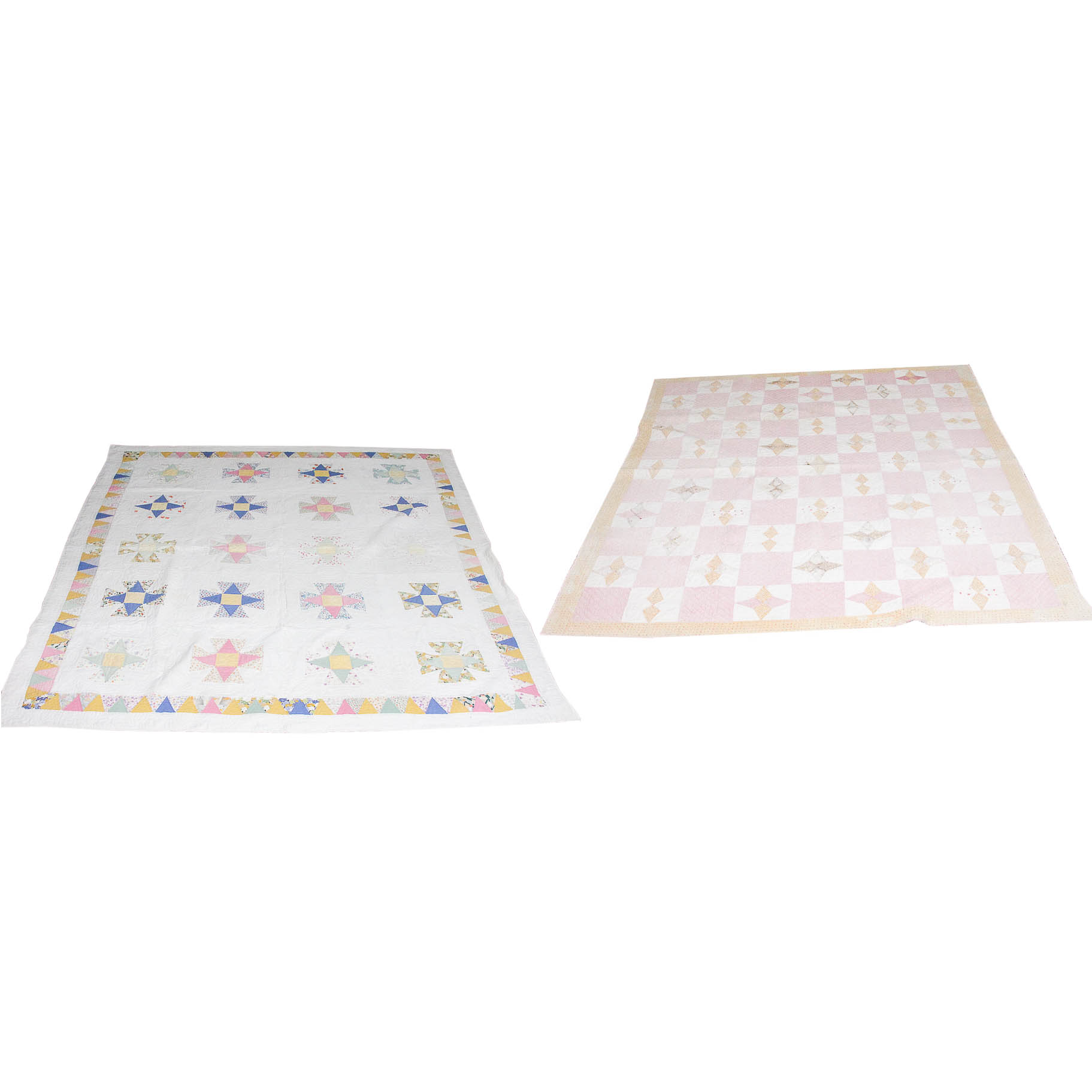 Pair Vintage Four Pointed Star Motif Cotton Quilts