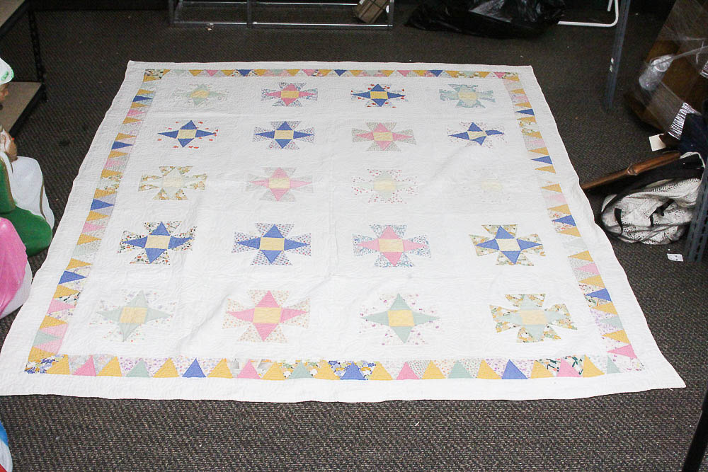 Pair Vintage Four Pointed Star Motif Cotton Quilts