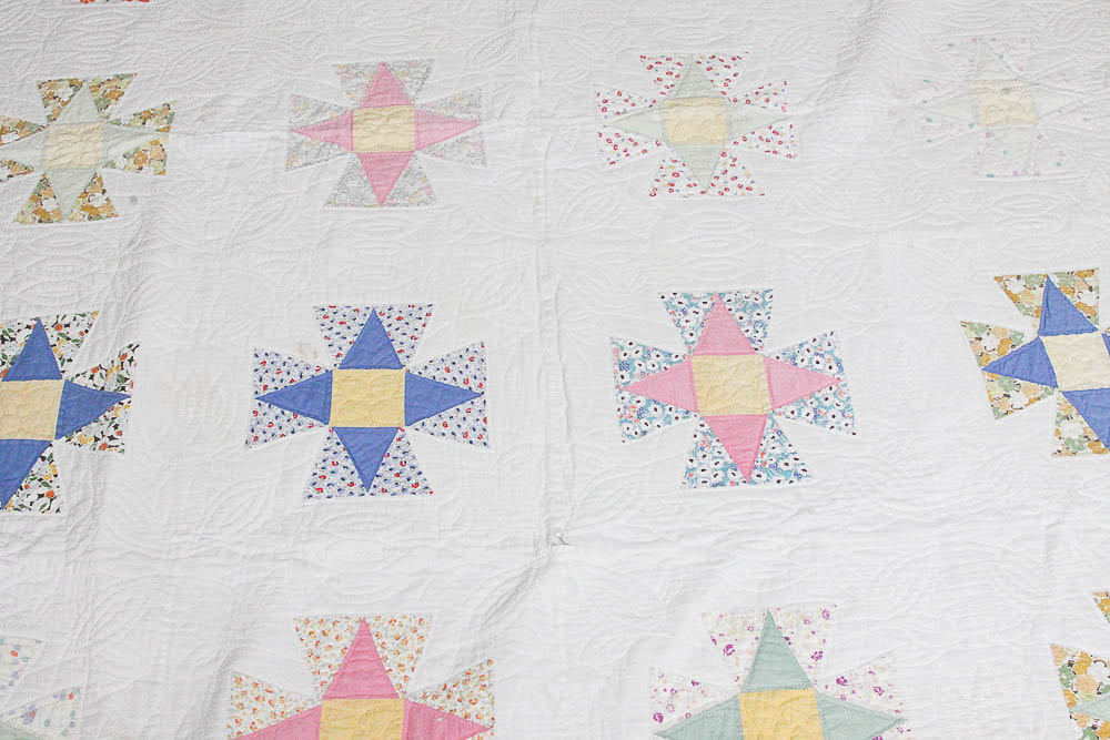 Pair Vintage Four Pointed Star Motif Cotton Quilts