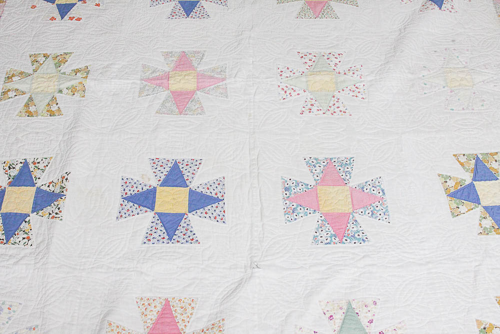 Pair Vintage Four Pointed Star Motif Cotton Quilts