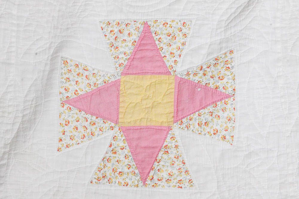 Pair Vintage Four Pointed Star Motif Cotton Quilts