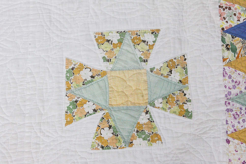 Pair Vintage Four Pointed Star Motif Cotton Quilts