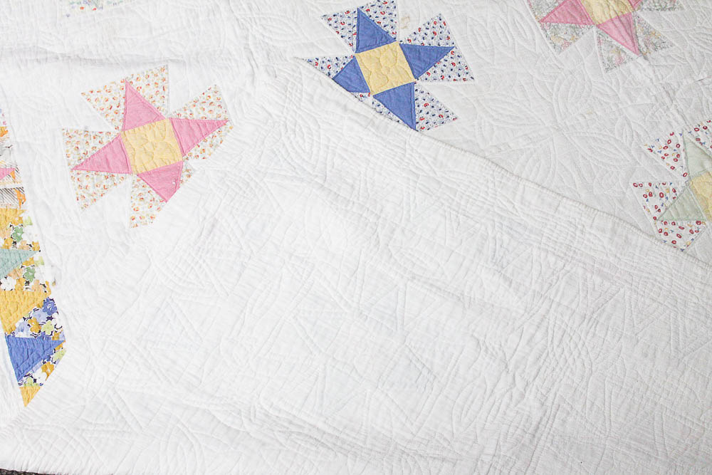 Pair Vintage Four Pointed Star Motif Cotton Quilts